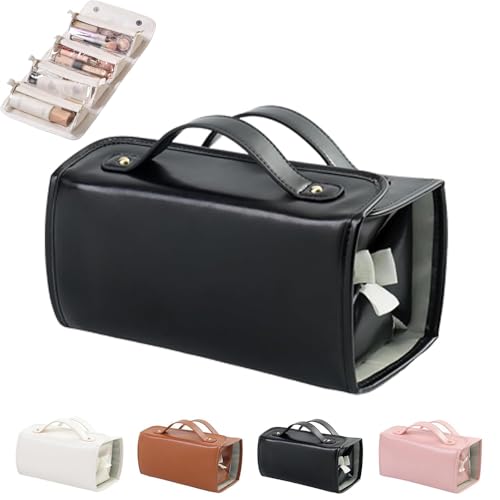 Wasserdichte Kosmetiktasche aus Leder, abnehmbar, 4-in-1, Reise-Kulturbeutel, hängende Make-up-Tasche, aufrollbare Make-up-Tasche, Make-up-Tasche mit Fächern, Leder-Kosmetiktaschen für Damen, Schwarz von Generisch