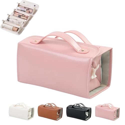 Wasserdichte Kosmetiktasche aus Leder, abnehmbar, 4-in-1, Reise-Kulturbeutel, hängende Make-up-Tasche, aufrollbare Make-up-Tasche, Make-up-Tasche mit Fächern, Leder-Kosmetiktaschen für Damen, rose, von Generisch