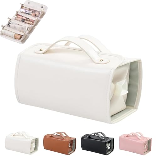 Wasserdichte Kosmetiktasche aus Leder, abnehmbar, 4-in-1, Reise-Kulturbeutel, hängende Make-up-Tasche, aufrollbare Make-up-Tasche, Make-up-Tasche mit Fächern, Leder-Kosmetiktaschen für Damen, weiß, von Generisch