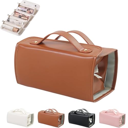 Wasserdichte Kosmetiktasche aus Leder, abnehmbar, 4-in-1, Reise-Kulturbeutel, hängende Make-up-Tasche, aufrollbare Make-up-Tasche, Make-up-Tasche mit Fächern, Leder-Kosmetiktaschen für Damen, braun, von Generisch