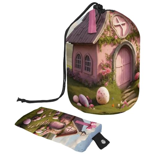 Wasserdichte Make-up-Tasche mit Kordelzug für Damen, geräumige Reise-Kosmetikaufbewahrung, rosa Oster-Kreuzhaus, mehrfarbig, 9.9x6.9in/25.2x17.6cm;6x3.5in/15.2x8.8cm von Generisch