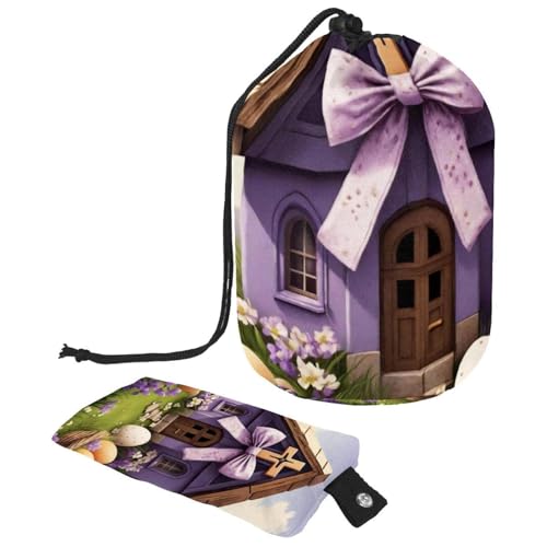 Wasserdichte Make-up-Tasche mit Kordelzug für Damen, großes Fass, Kulturbeutel, Organizer, Aufbewahrung, violettes Oster-Kreuzhaus, mehrfarbig, 9.9x6.9in/25.2x17.6cm;6x3.5in/15.2x8.8cm von Generisch