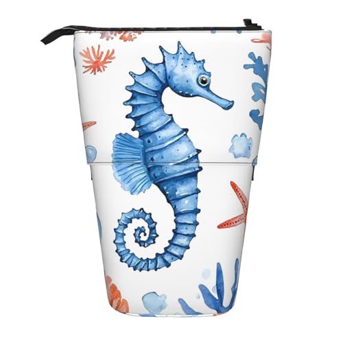Wasserfarbenes, stehendes Federmäppchen mit Seepferdchen-Motiv, Seestern, Stifteetui, Teleskop-Bleistifttasche, Pop-Up-Kosmetiktasche, Schreibwaren-Organizer für Schule, Büro, Reisen von Generisch