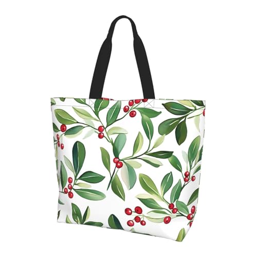 Watercolor Misteltoe Tote Bag Damen Schulterhandtaschen Weihnachten Einkaufstasche Wasserabweisend Große Handtasche mit Innentasche für Arbeit Reisen Schule von Generisch