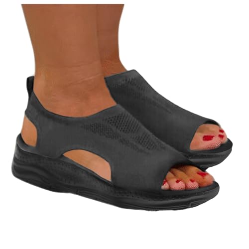 Wedges Damen Keilabsatz Schwarz - Freizeitschuhe Bequeme Orthopädische Offener Keilabsätze Zehenbereich Knöchelriemen Slingback Strand Modische Peeptoes Schlupfsandalen Kreuzgurte Slip on von Generisch
