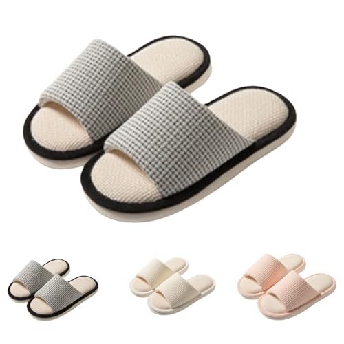Weich Hausschuhe Leinenhausschuhe atmungsaktiv Gästehausschuhe drinnen Slippers Rutschfeste für Damen Herren zu Hause Hotel Pantoffeln aus Baumwolle Bequem Memory-Baumwoll Hüttenschuhe von Generisch