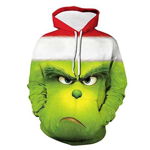 Weihnachten Hoodie Damen Grinch Weihnachtspullover 3D Lustig Kapuzenpullover Oversize Grün Weihnachts Sweatshirt mit Tasche Langarmshirt Pullover Herbst Winter Festlich Hoodie Oberteile von Generisch