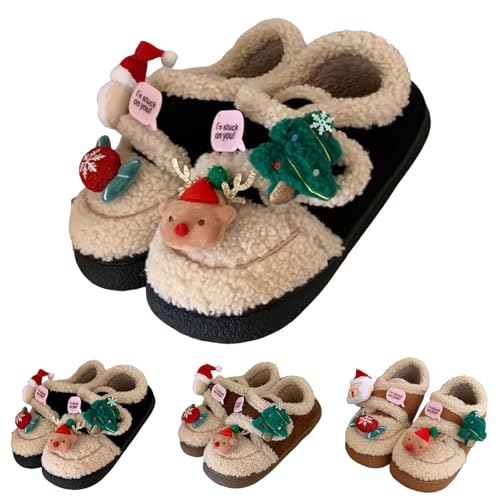 Weihnachten Hüttenschuhe Damen Leicht Hausschuhe Damen Geschlossen Winter Plüsch Pantoffeln Weiche Home Slippers Flauschig Filzpantoffeln rutschfest Warm Hausschuhe Unisex Breite Füße Hausschlappen von Generisch