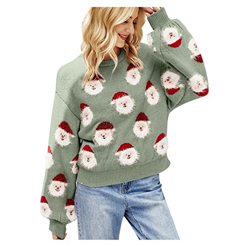 Weihnachten Pullover Damen Weihnachtspullover Winter Lustig Strickpullover Rundhals Pulli Oversize Langarm Weihnachtspulli Sweatshirt Oberteile Fraue Mädchen Strick Geschenk (Fruit Green #1, L) von Generisch
