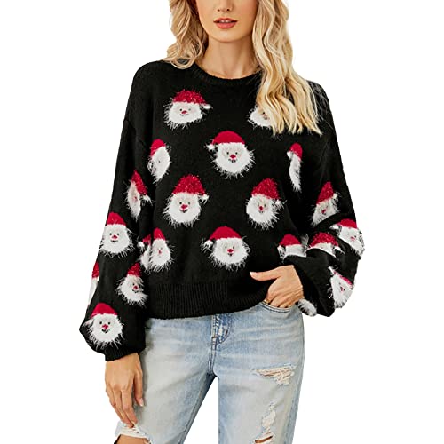 Weihnachten Pullover Damen Weihnachtspullover Winter Lustig Strickpullover Rundhals Pulli Oversize Langarm Weihnachtspulli Sweatshirt Oberteile Fraue Mädchen Strick Geschenk Christmas (Black #2, S) von Generisch