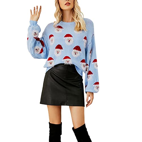 Weihnachten Pullover Damen Weihnachtspullover Winter Lustig Strickpullover Rundhals Pulli Oversize Langarm Weihnachtspulli Sweatshirt Oberteile Fraue Mädchen Strick Geschenk Christmas (Blue #2, S) von Generisch