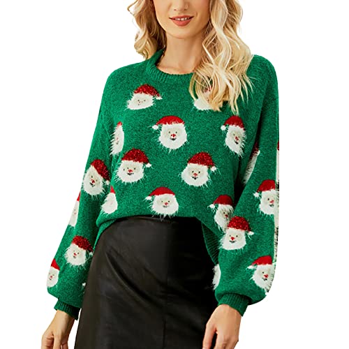 Weihnachten Pullover Damen Weihnachtspullover Winter Lustig Strickpullover Rundhals Pulli Oversize Langarm Weihnachtspulli Sweatshirt Oberteile Fraue Mädchen Strick Geschenk Christmas (Green #2, L) von Generisch