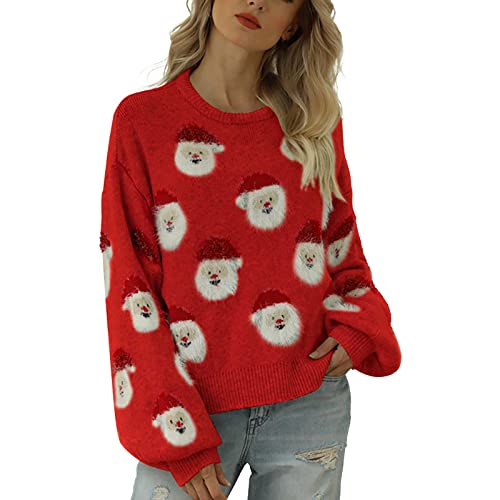 Weihnachten Pullover Damen Weihnachtspullover Winter Lustig Strickpullover Rundhals Pulli Oversize Langarm Weihnachtspulli Sweatshirt Oberteile Fraue Mädchen Strick Geschenk Christmas (Red #2, L) von Generisch
