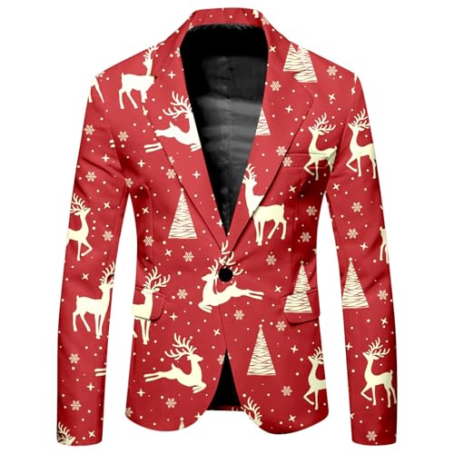 Weihnachten Sakkos für Herren Regular Fit Langarm Knopfleiste Anzugjacke Urlaubsblazer Weihnachtsmotiv Business Anzugsakko Weihnachtsblazer Blazer Mantel Jacke mit Reverskragen für Weihnachten Party von Generisch