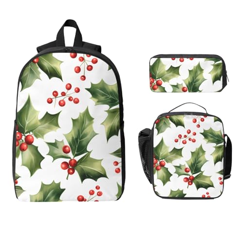 Weihnachten Stechpalmenblatt Rucksack Set für Mädchen Jungen mit Lunchtasche Federmäppchen Winter Blätter 3 Stück Schultaschen Isolierte Lunchbox Geschenke für Frauen Männer von Generisch