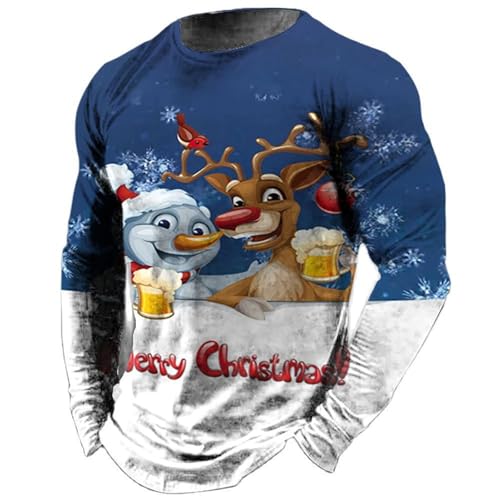 Weihnachten T-Shirt Herren Freizeithemd Basic Rundhals Langarmshirts Kreative 3D Weihnachts Sweatshirt Ugly Oberteile Männer Funky Christmas Slim Fit Festival Party Bekleidung (Blue, 4XL) von Generisch