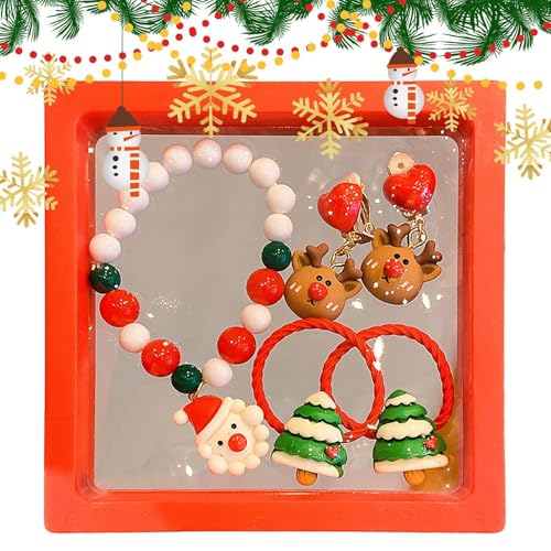 Weihnachts-Armband, Kinder-Cartoon-Armband, Stirnband, Ohrklemmen-Set, Partyzubehör, Weihnachts-Ohrclips, Haargummis, Armband-Set für Mädchen, 1 count (Pack of 1), Metall Harz, Unisex von Generisch