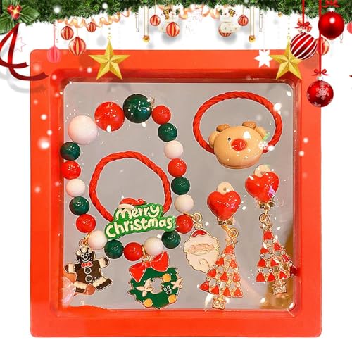 Weihnachts-Armband, vielseitiges Cartoon-Schmuck-Set für Mädchen, Partyzubehör, Weihnachts-Ohrclips, Haarbänder, Armband-Set für Mädchen, Refer to description, Legierung und Harz, Unisex von Generisch