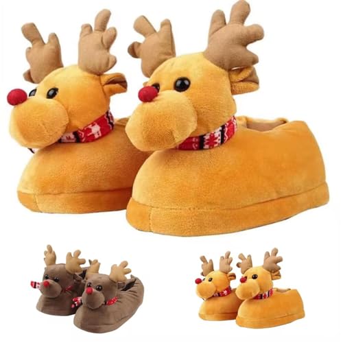 Weihnachts-Hausschuhe, Rentier, 3D-Tier-Hausschuhe, lustige Tier-Hausschuhe, für Erwachsene, niedlicher Hirschschieber, schöne Weihnachts-Slides, pelzige Elch-Slides, Winter, Indoor-Hausschuhe mit von Generisch