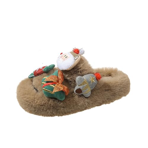 Weihnachts Hausschuhe Mädchen mit Plüsch Motive Rutsch Barfussschuhe Kinder Breite Slippers Kids Offene Schlappen Flachem Freizeitschuhe Foam Sohle Pantoffeln Zu Hause von Generisch