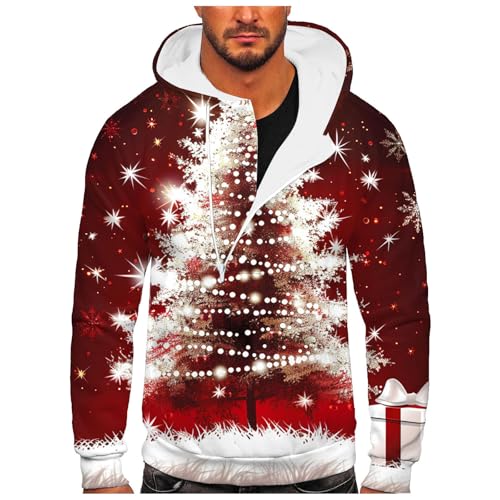 Weihnachts Hoodie Herren Weihnachtspullover Lustige 3D Kapuzenpullover Weihnachten Xmas Weihnachtspulli Sweatshirt mit Kapuzen Warm Fleece Kapuzenjacke Reindeer Schneemann Kapuzenpulli (Red, L) von Generisch