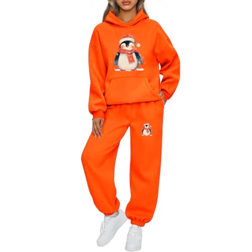 Weihnachts Jogginganzug Damen Zweiteiler Pinguin Grafik Trainingsanzug Set Kapuzenpullover + Sporthose Stilvoller Anzug Freizeitanzug Elegant Einfarbig Streatwear Outfit Kuschelig Zweiteiler von Generisch