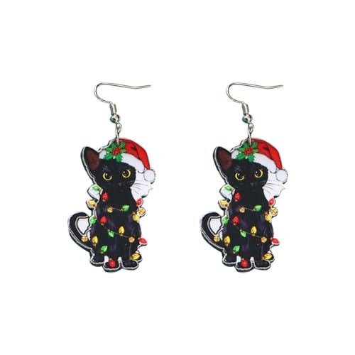 Weihnachts Ohrringe für Damen Originelle schwarze Katze mit roter Weihnachtsmütze Weihnachts-Ohrringe Ohrstecker Kostüm Accessoires Niedlicher Funkelnder Schmuck für Festliche Feiern von Generisch