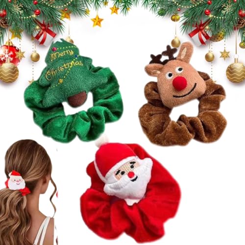 Weihnachts-Plüschpuppen-Haarband, Weihnachts-Haargummis, Weihnachts-Haargummis, Weihnachts-Elch, Weihnachtsmann, elastische Haargummis, Weihnachts-Kopfbedeckung, 3 Stück von Generisch