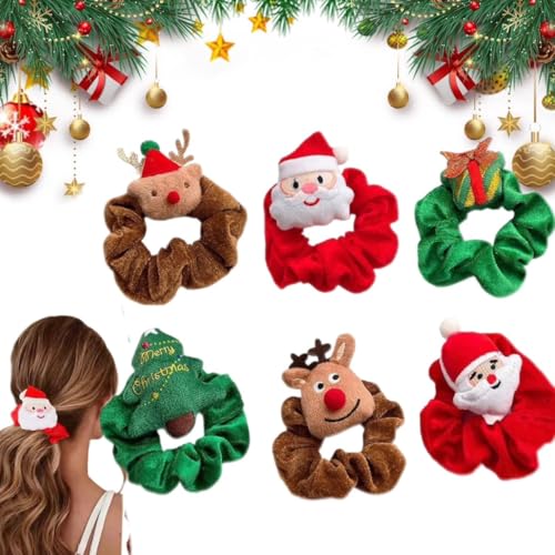 Weihnachts-Plüschpuppen-Haarband, Weihnachts-Haargummis, Weihnachts-Haargummis, Weihnachts-Elch, Weihnachtsmann, elastische Haargummis, Weihnachts-Kopfbedeckung (6 Stück) von Generisch