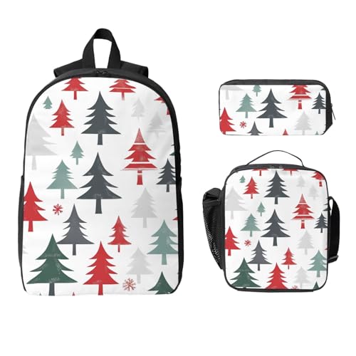 Weihnachts-Rucksack-Set für Mädchen und Jungen, mit Lunchtasche, Federmäppchen, bunter Baum, 3-teilig, Schultaschen, isolierte Lunchbox, Geschenke für Damen und Herren von Generisch