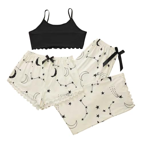 Weihnachts Schlafanzug Damen Schlafanzug Damen Lang Kuschelig Kurz Karierte Schlafhose Leopardenmuster 3-Teilig Pyjama Set Frauen Cami Pyjamahose Nachtwäsche Lounge Set Outfit Angebote des Tages von Generisch