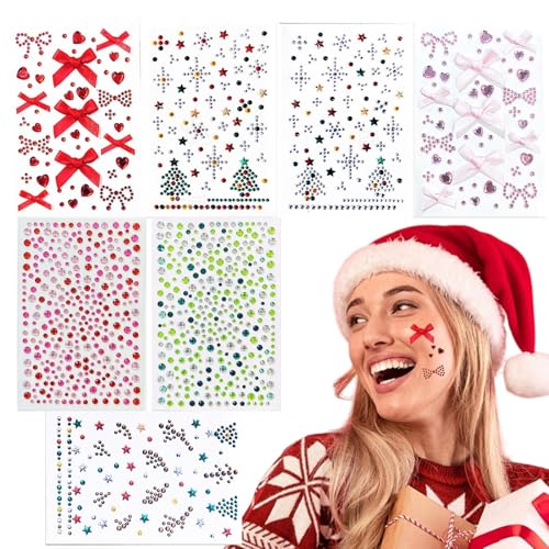 Weihnachts-Strass-Gesichtsaufkleber, Weihnachts-Gesichts-Edelstein-Aufkleber,7 Blatt glitzernde Juwelenaufkleber | Selbstklebende Weihnachtsbaum-Schleifen-Strass-Aufkleber mit glitzernden, klebrigen E von Generisch
