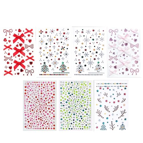 Weihnachts-Strass-Gesichtsaufkleber, Weihnachts-Gesichts-Edelstein-Aufkleber | 7 Blatt Gesichts-Bling-Bastelarbeiten,Cosplay Gesicht Juwelen Kostüm Weihnachtsbaum Schleife Gesicht Edelsteine ​​Stick S von Generisch