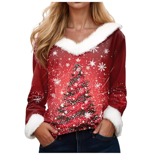 Weihnachtsbluse Damen Bluse Langarm V-Ausschnitt Flauschige Lustig Rentier Schneemann Weihnachtshemd Hässliche Lustige Schickes Oberteil Weihnachtsbluse Tshirt Weihnachten Damen (D-Watermelon Red, XL) von Generisch