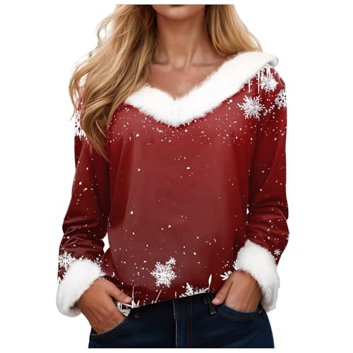 Weihnachtsbluse Damen Bluse Langarm V-Ausschnitt Flauschige Lustig Rentier Schneemann Weihnachtshemd Hässliche Lustige Schickes Oberteil Weihnachtsbluse Tshirt Weihnachten Damen Xmas Bluse (M) von Generisch