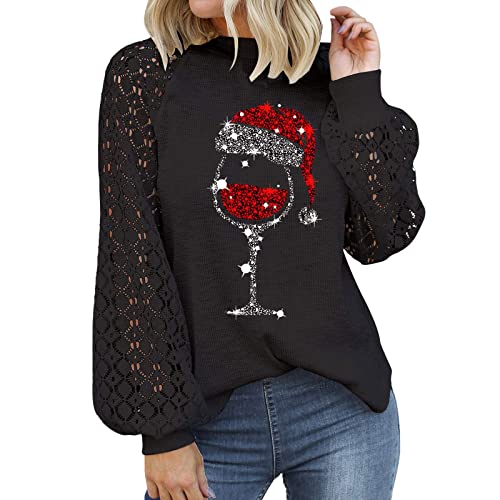 Weihnachtsbluse Damen Weihnachtspullover Spitze Hohl Oberteile Lustig Weinglas Muster T-Shirt Langarm Weihnachtsshirt Rundhals Pullover Große Größe Pulli Tops Merry Christmas Langarmshirt Streetwear von Generisch
