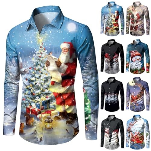 Weihnachtshemd Herren, Weihnachtshemd Herren Lustig 3D Druck Weihnachten Funky Hemd Langarm Slim Fit Button Weihnachts Shirt Freizeithemd Männer Christmas Festival Hawaiihemd Langarmhemd von Generisch