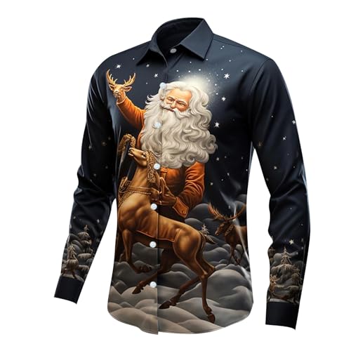 Weihnachtshemd Herren Fun Print Hemd Freizeithemd Männer Langärm Knöpfbar Stehkragen Christmas Thema Shirt Knopf Santa Design Revershemd Festival Party Xmas Button Down Langarmshirts von Generisch