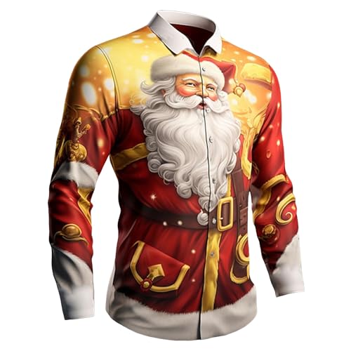 Weihnachtshemd Herren Fun Print Knöpfbar Langarm Stehkragen Christmas Shirt Slim Fit Mit Weihnachtsmotiv Weihnachten Freizeithemd Elch-Print Freizeitkleidung Langarm-Revershemd von Generisch