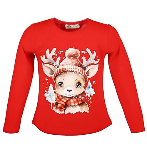 Weihnachtshirsch Langarmshirt für Mädchen | Rotes Baumwoll Festlich Weihnachten Sweatshirt I Weihnachtsmotiv Pullover Weihnachtspulli (DE/NL/SE/PL, Numerisch, 110, Regular, Pattern 1) von Generisch