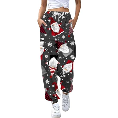 Weihnachtshose Damen Baggy Jogginghose Große Größen Laufhosen mit Gummibund Tunnelzug Freizeithose mit Elastischen Knöcheln Sweatpants Gerades mit Taschen High Taille Hose von Generisch