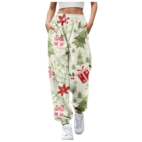 Weihnachtshose Damen Baggy Jogginghose Große Größen Laufhosen mit Gummibund Tunnelzug Freizeithose mit Elastischen Knöcheln Sweatpants Gerades mit Taschen High Taille Hose von Generisch