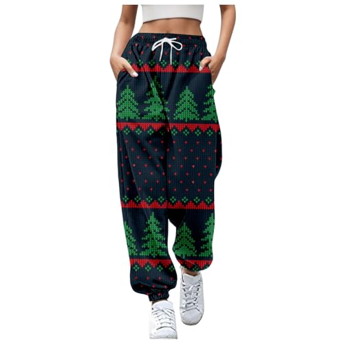 Weihnachtshose Damen Baggy Jogginghose Große Größen Laufhosen mit Gummibund Tunnelzug Freizeithose mit Elastischen Knöcheln Sweatpants Gerades mit Taschen High Taille Hose von Generisch