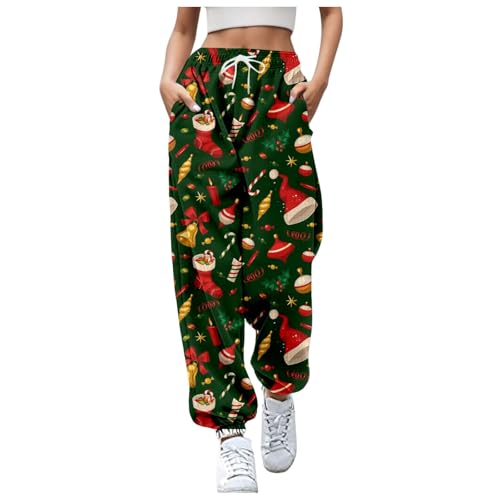 Weihnachtshose Damen Baggy Jogginghose Große Größen Laufhosen mit Gummibund Tunnelzug Freizeithose mit Elastischen Knöcheln Sweatpants Gerades mit Taschen High Taille Hose von Generisch