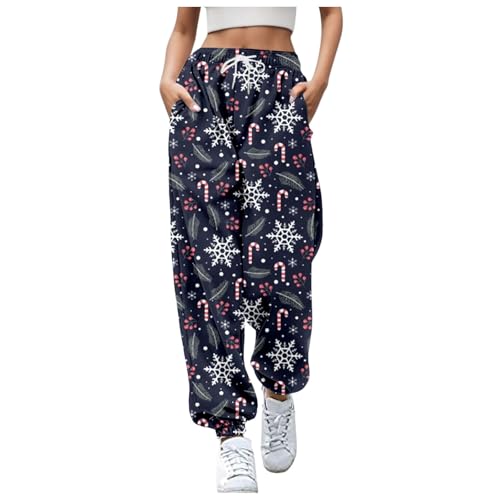 Weihnachtshose Damen Baggy Jogginghose Große Größen Laufhosen mit Gummibund Tunnelzug Freizeithose mit Elastischen Knöcheln Sweatpants Gerades mit Taschen High Taille Hose von Generisch