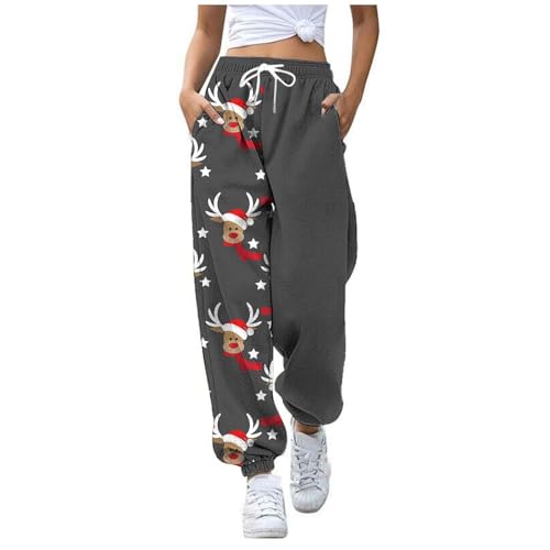 Weihnachtshose Damen Baggy Weihnachts Jogginghose High Waist Weihnachten Hose mit Taschen Frauen Christmas Bedruck Sporthose Lose Casual Sweatpants Lang Gerades Freizeithose mit Gummibund von Generisch