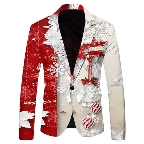 Weihnachtsjacke Herren Modern Weihnachten Sakko Herren Bedruckte Langarm Sportlich Freizeit Sakko Anzugjacke Xmas Kostüm Slim Fit Lässiger Urlaubsblazer Festliches Outfit Weihnachtsanzug M2024 von Generisch