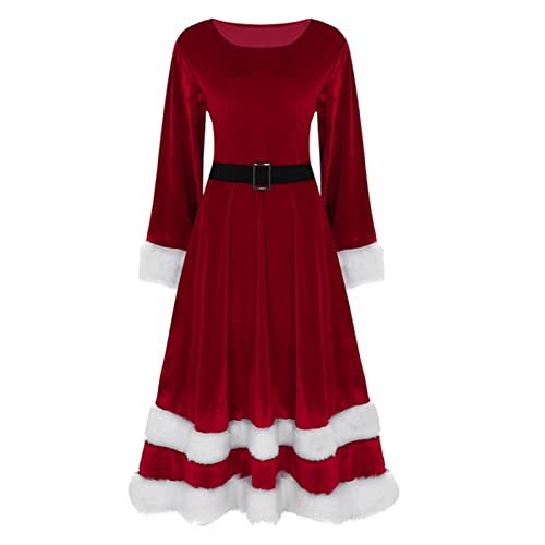 Weihnachtskleid Damen, Weihnachten Party Kleider Damen Weihnachtsfrau Kostüm Miss Santa Kostüm Langarm Weihnachtskleider rotes Samt A-Linie Midikleid Frau Christmas Kleid Weihnachtsmann Kleid von Generisch