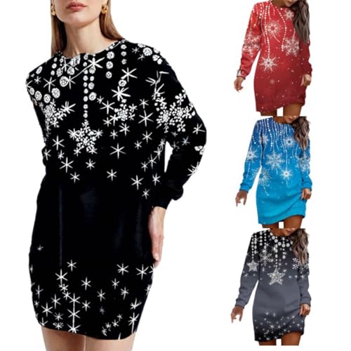 Weihnachtskleid Damen, Weihnachtskleid Damen Langarm Rundhals Pullikleid Weihnachtskleid Lange Pulloverkleid Schneeflocken Muster Wickelkleid Pullover Elegant Kleider Frauen Bequem Partykleid 2024 von Generisch