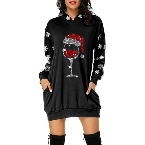 Weihnachtskleid Damen,Christmas Rentier Print Weihnachtspullover Damen Hoodie Kleid Weinglas ünd Weihnachtsmütze Weihnachtskleider Hoodie Kapuzenpullover Kleid Langes Weihnachts Pulli Weinachtspullie von Generisch